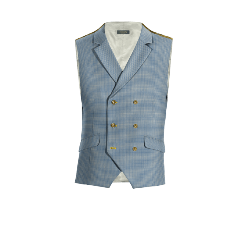 Light Blue Houndstooth wool lapeled double-breasted Suit Vest with brass buttons