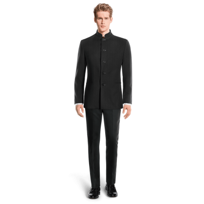 Black Wool Blends nehru Jacket with elbow patches