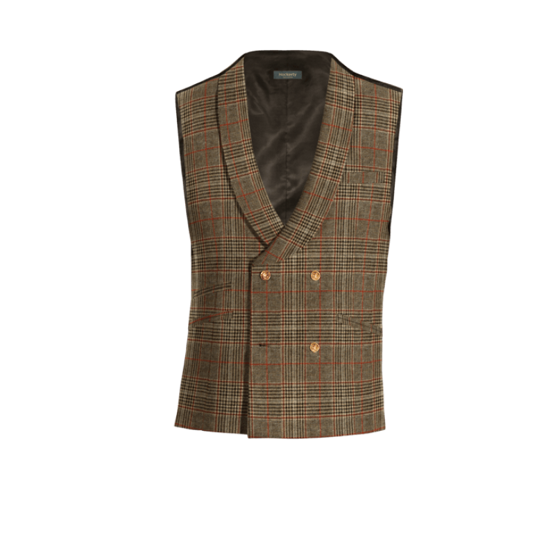 Brown Plaid Tweed shawl lapel double breasted Vest with brass buttons