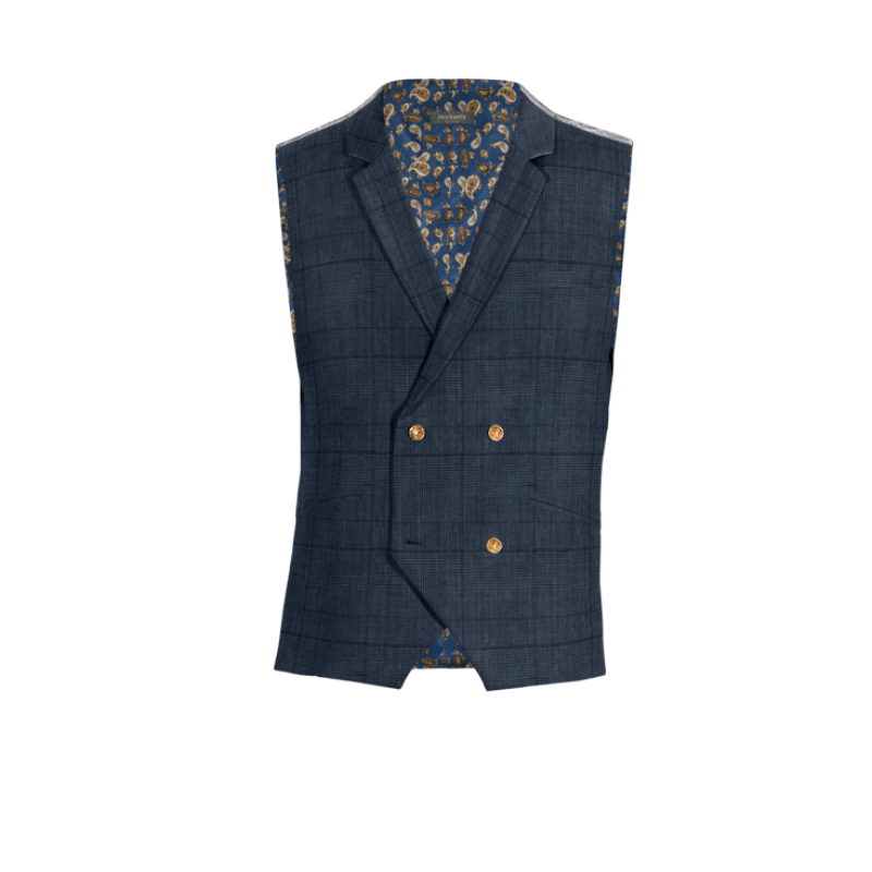Blue Plaid linen lapeled double breasted Vest with brass buttons