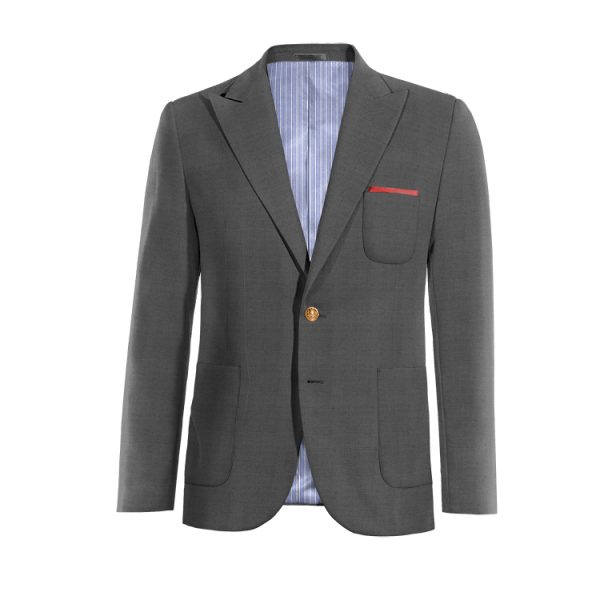 Grey Pure wool peak lapel Suit Jacket with pocket square