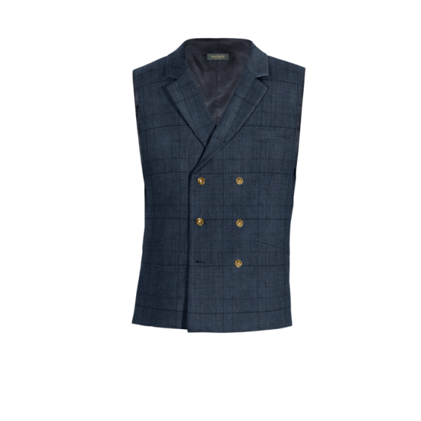 Blue Plaid linen lapeled double-breasted Suit Vest with brass buttons