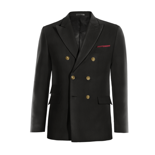 Black Wool Blends 6 buttons double-breasted peak lapel Blazer with handkerchief