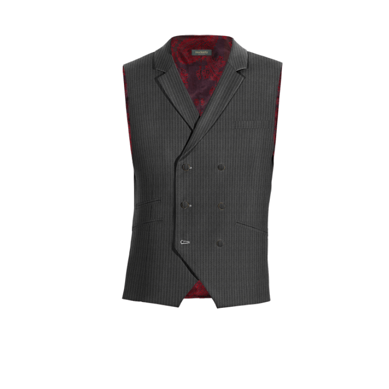 Dark Grey striped 100% wool lapeled double-breasted Vest with brass buttons