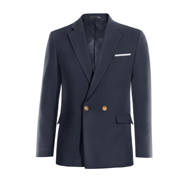 Blue Wool Blends two buttons double-breasted wide lapel Jacket with a pocket square