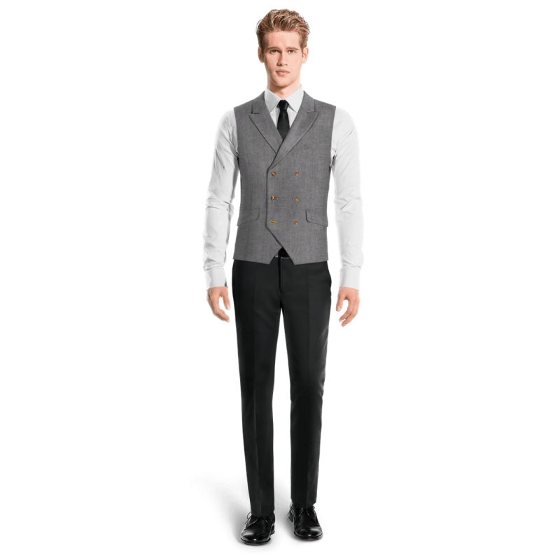 Grey linen peak lapel double-breasted Vest with brass buttons