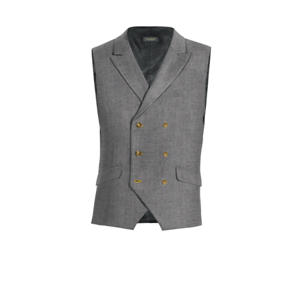 Grey linen peak lapel double-breasted Vest with brass buttons