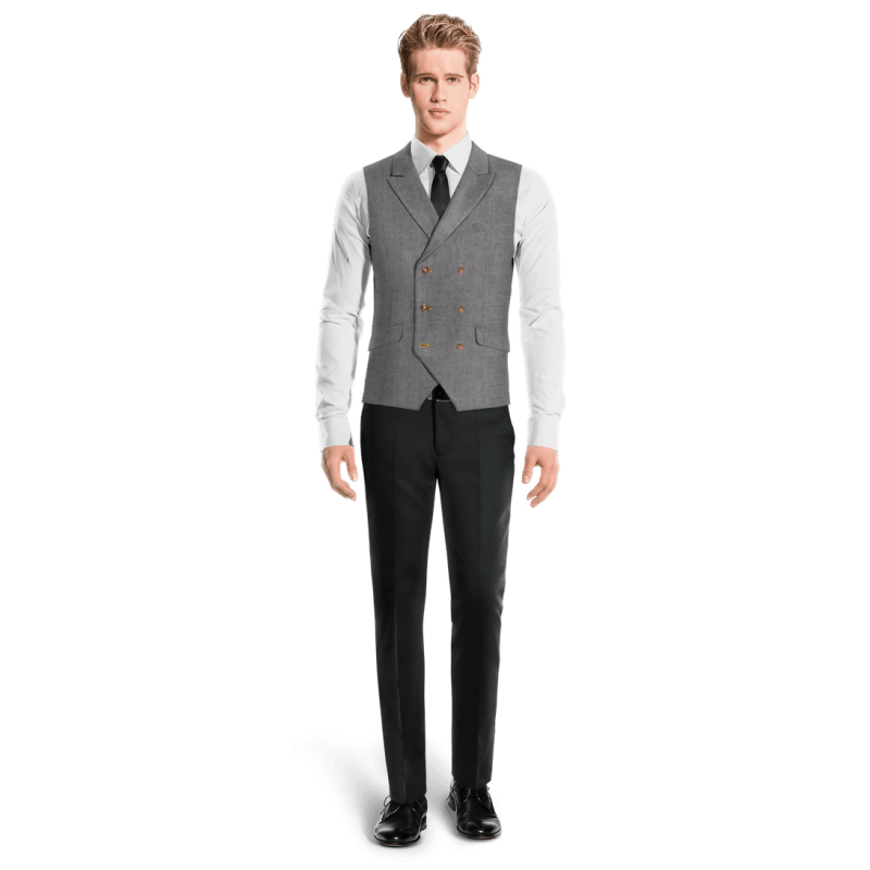 Grey linen peak lapel double breasted Suit Vest with brass buttons