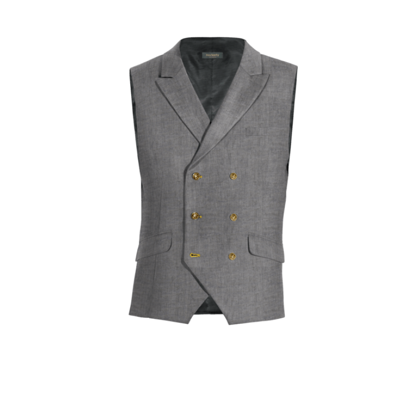 Grey linen peak lapel double breasted Suit Vest with brass buttons
