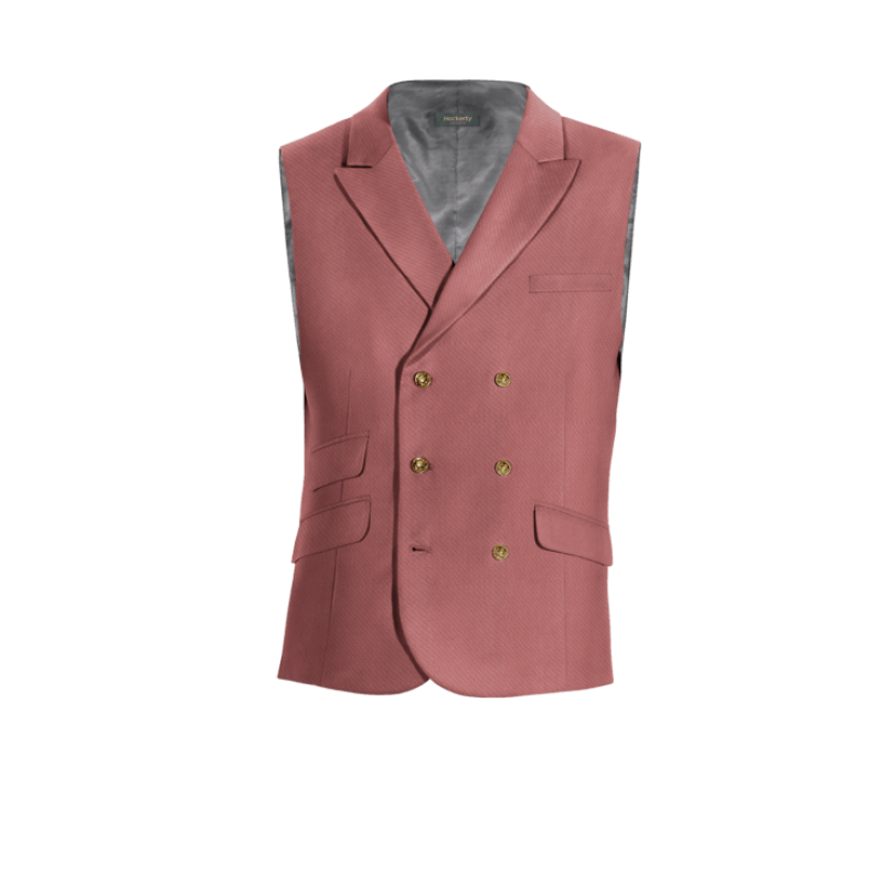 Pink Polyester groom peak lapel double-breasted Vest with brass buttons