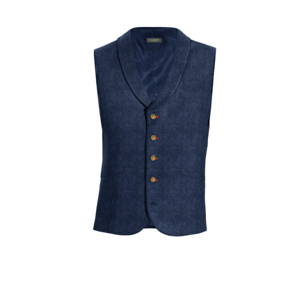 Royal Blue herringbone Tweed rounded lapel Vest with brass buttons