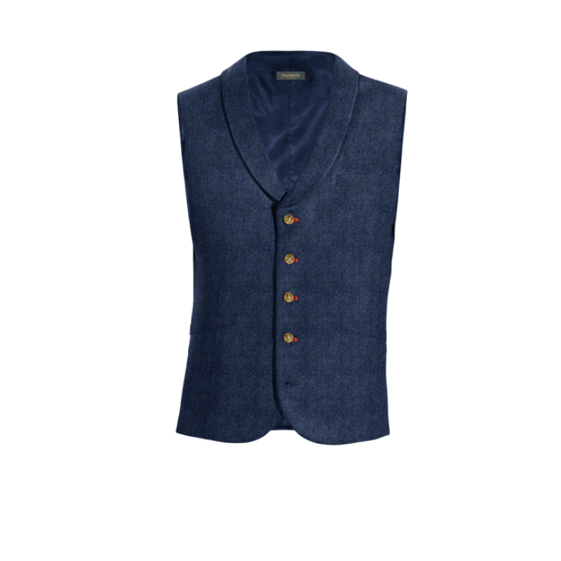 Royal Blue herringbone Tweed rounded lapel Vest with brass buttons
