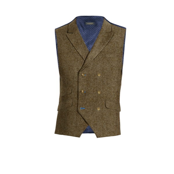 Brown rustic Tweed peak lapel double breasted Vest with brass buttons