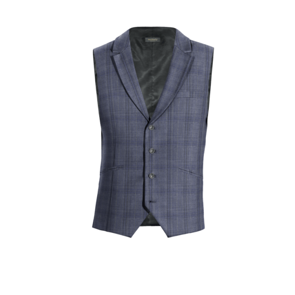 Blue Checkered wool lapeled Vest with brass buttons