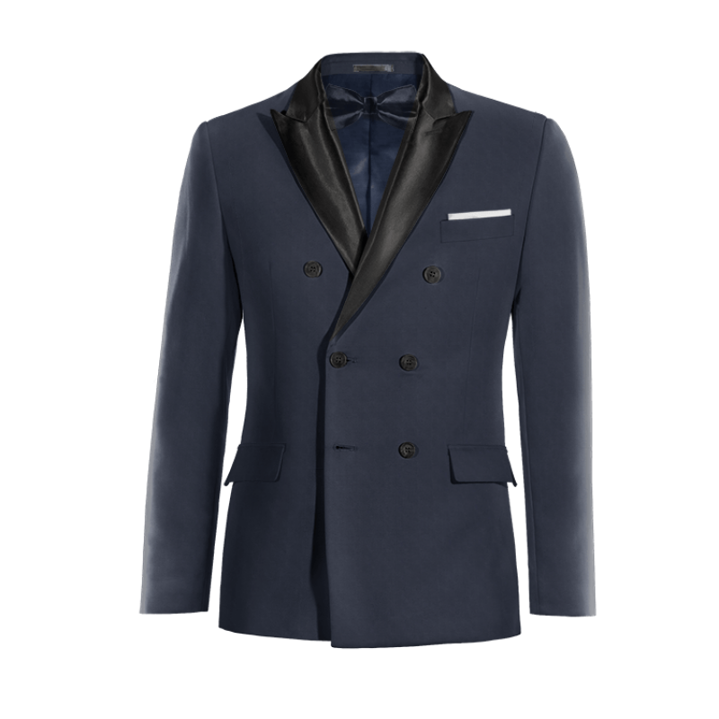 Blue double breasted peak lapel Tux Jacket with a pocket square