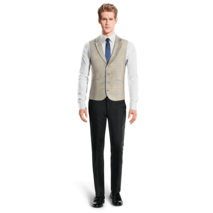 Beige Plaid Cotton-Linen lapeled Suit Vest