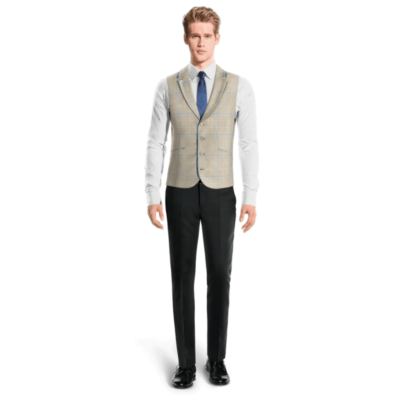 Beige Plaid Cotton-Linen lapeled Suit Vest