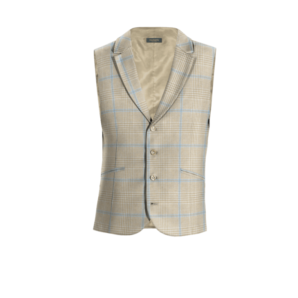 Beige Plaid Cotton-Linen lapeled Suit Vest