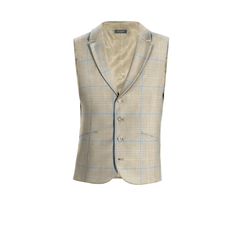 Beige Plaid Cotton-Linen lapeled Suit Vest