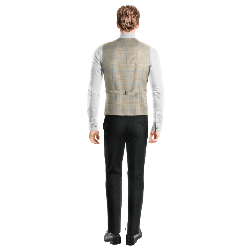 Beige Checked Cotton-Linen lapeled Vest