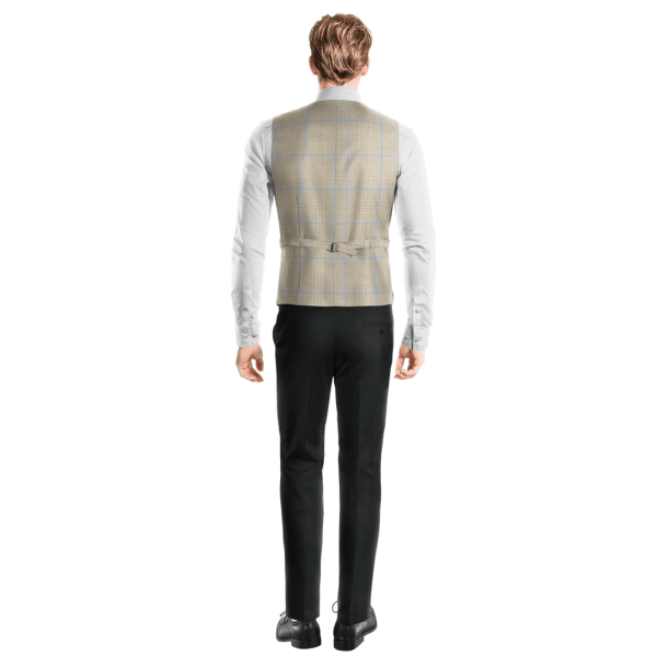 Beige Checkered Cotton-Linen lapeled Vest