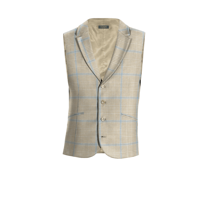 Beige Checkered Cotton-Linen lapeled Vest