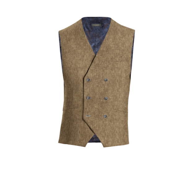 Brown Linen-cotton double-breasted Dress Vest with brass buttons