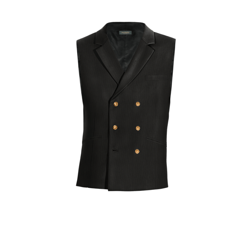 Black Wool Blends lapeled double breasted Vest with brass buttons