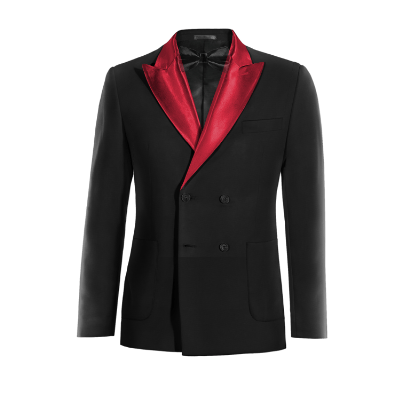 Black double breasted peak lapel Tux Jacket with patched pockets
