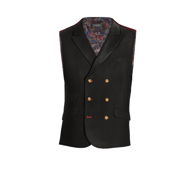 Black Wool Blends peak lapel double-breasted Vest with brass buttons