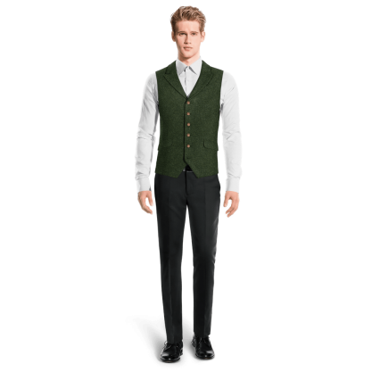 Green herringbone Tweed peak lapel Vest with brass buttons