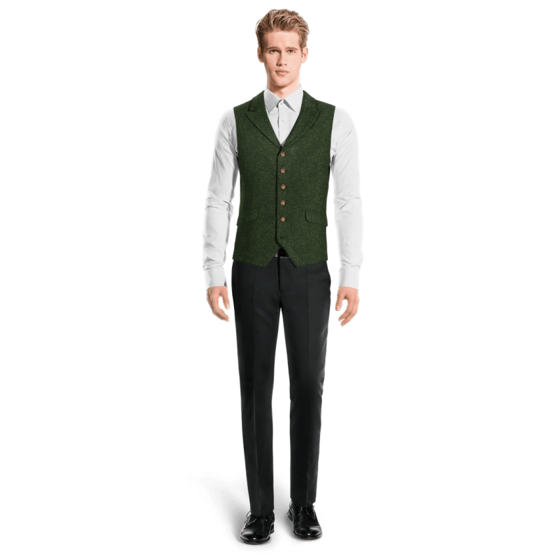 Green herringbone Tweed peak lapel Vest with brass buttons