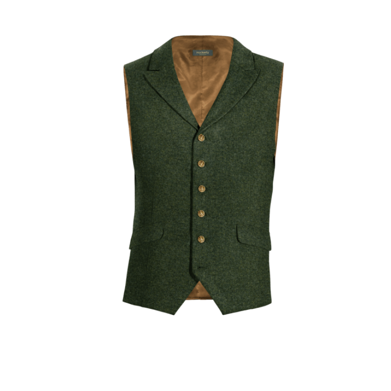 Green herringbone Tweed peak lapel Vest with brass buttons