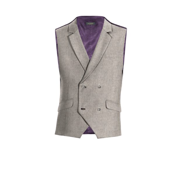 Beige Tweed lapeled double breasted Dress Vest with brass buttons