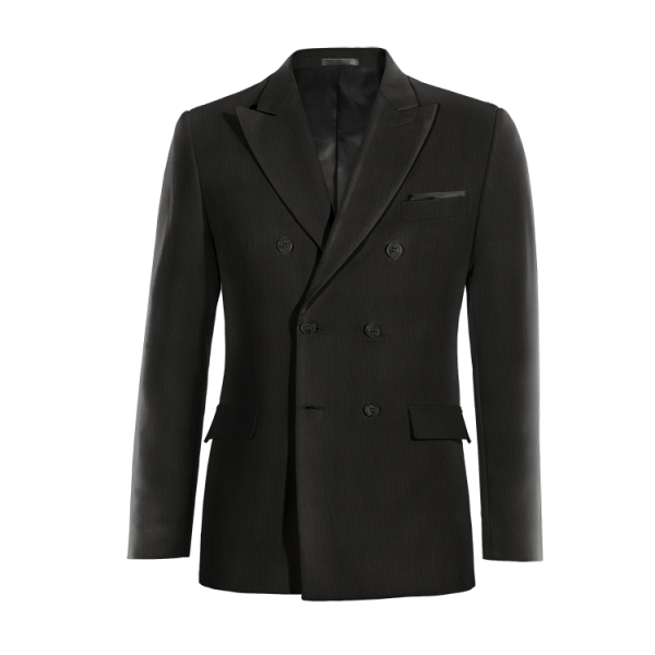 Black Wool Blends double breasted peak lapel Jacket with a pocket square
