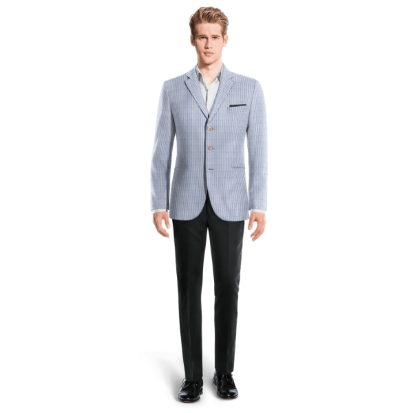 Blue seersucker 3-buttons Suit Jacket with pocket square