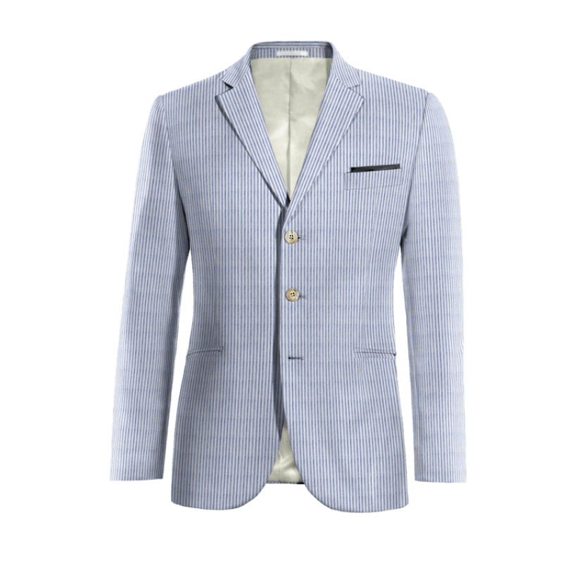 Blue seersucker 3-buttons Suit Jacket with pocket square
