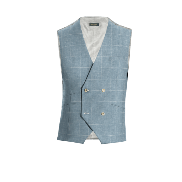 Light Blue Checked Cotton-Linen double-breasted Vest