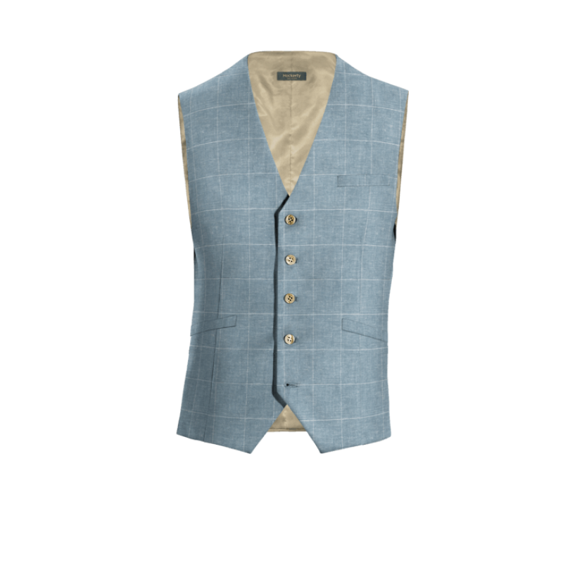 Light Blue Checked Cotton-Linen Vest