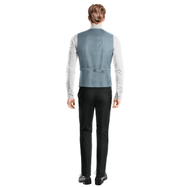 Light Blue Checked Cotton-Linen Suit Vest
