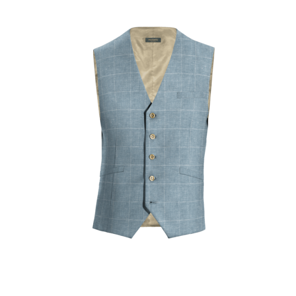 Light Blue Checked Cotton-Linen Suit Vest