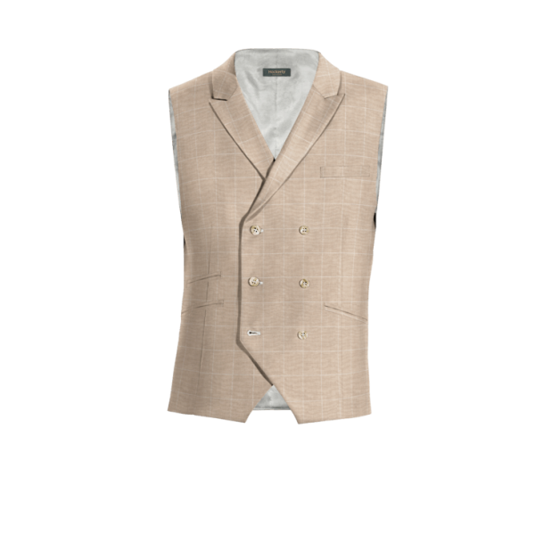 Beige Plaid Linen-cotton peak lapel double breasted Vest