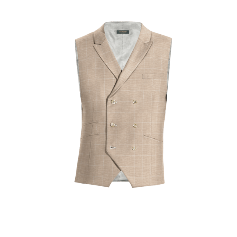 Beige Plaid Linen-cotton peak lapel double breasted Vest