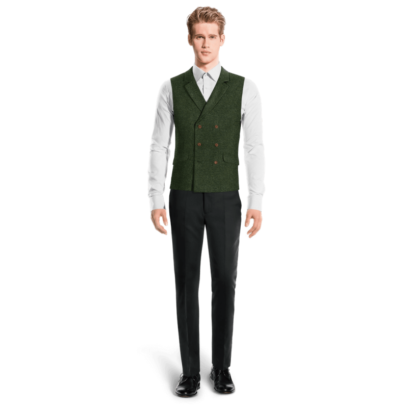 Green herringbone Tweed lapeled double-breasted Vest