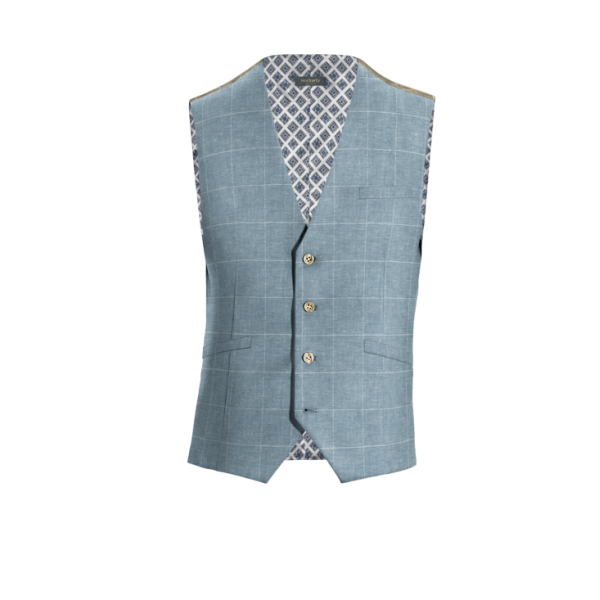 Light Blue Checkered Cotton-Linen Vest