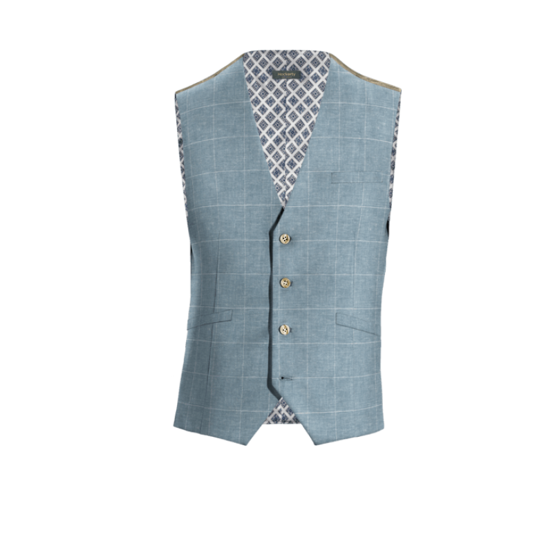 Light Blue Plaid Cotton-Linen Vest