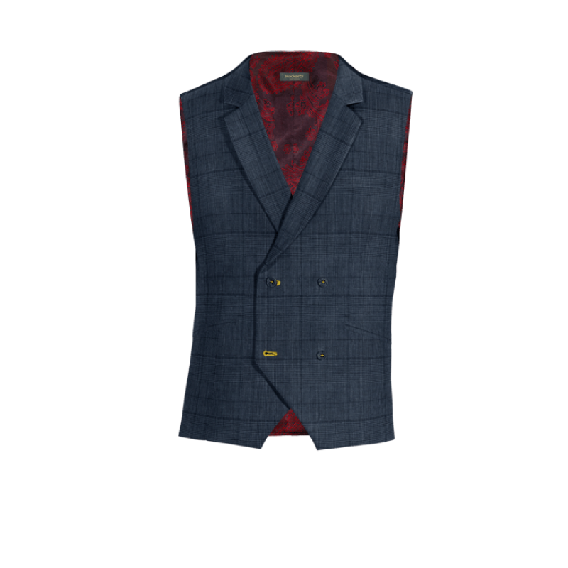Blue Checked linen lapeled double breasted Dress Vest