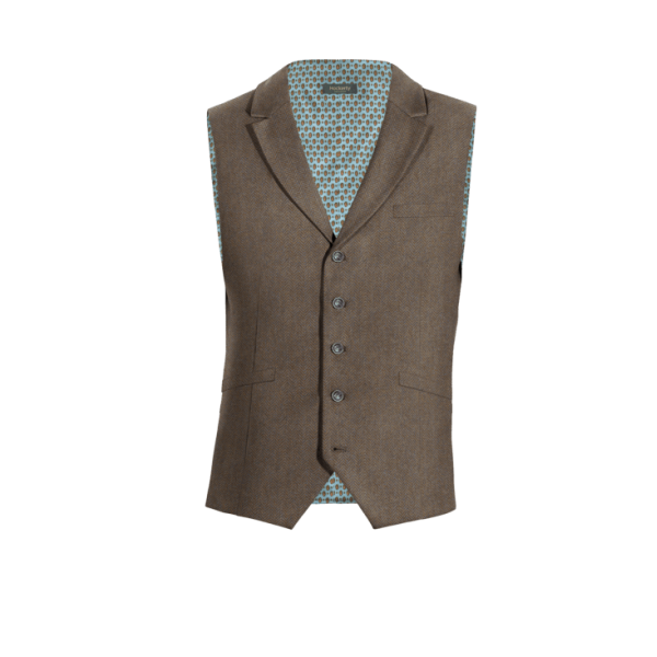 Brown herringbone Tweed lapeled Vest with brass buttons
