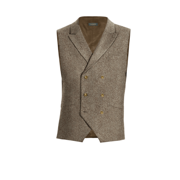 Light Brown rustic Tweed peak lapel double breasted Vest with brass buttons