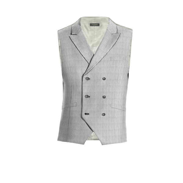 Light Grey striped seersucker peak lapel double breasted Vest with brass buttons